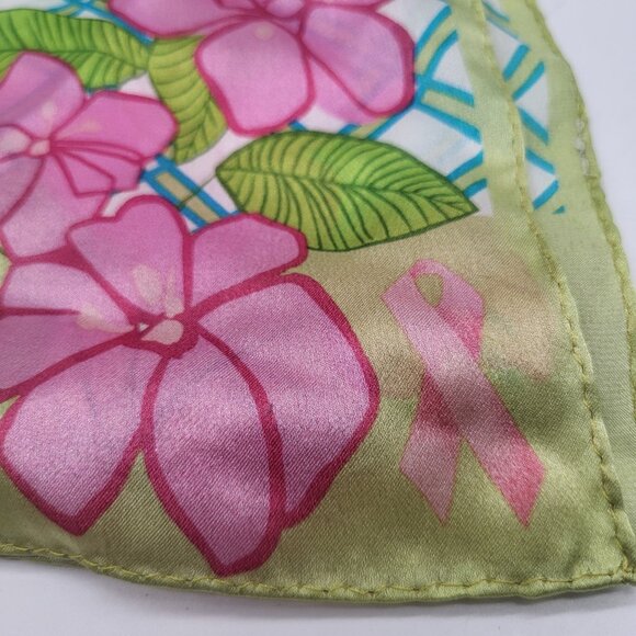 VTG Floral Lattice Pink Green Scarf Breast Cancer Awareness Ribbon - Picture 2 of 7